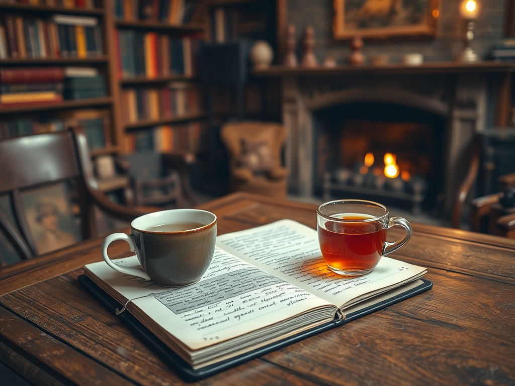 На столе лежит открытая книга, рядом чашка кофе и стакан чая, а за ними горит камин.